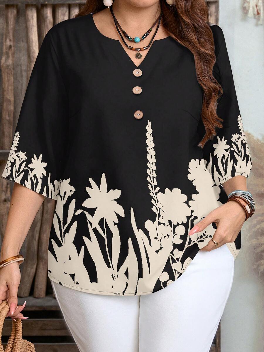 EMERY ROSE Plus Size Casual Minimalist Floral Print Shirt, Suitable For Summer - Black - View 1