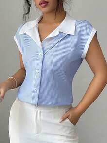 Elenzga 女士翻领简约新款拼接夏季职业商务休闲通勤蓝白条纹短袖衬衫 - 藍白色 - 查看 3