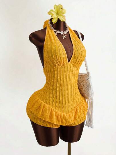 Zestiva Bộ jumpsuit nữ mùa hè màu trơn, chất liệu vải dệt, cổ yếm, viền bèo nhún.