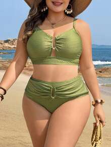 Swim Lushoire Conjunto de bikini de 2 piezas talla grande 2026 de tela verde oliva con cuello de escote y diseño de tirantes ajustables para mujeres, adecuado para verano, playa y vacaciones - Verde Oliva - Ver 5