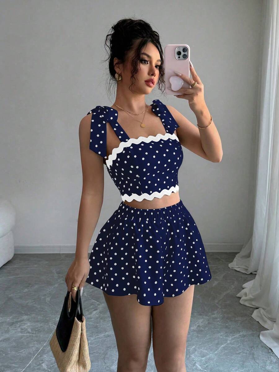 Selianne Summer Cute Vacation Holiday Navy Blue Polka Dot 2 Piece Set For Women,French Elegant Bow Tie Crop Top & Elastic Waist Loose Skort Outfits,Petite Set - Navy Blue - View 1