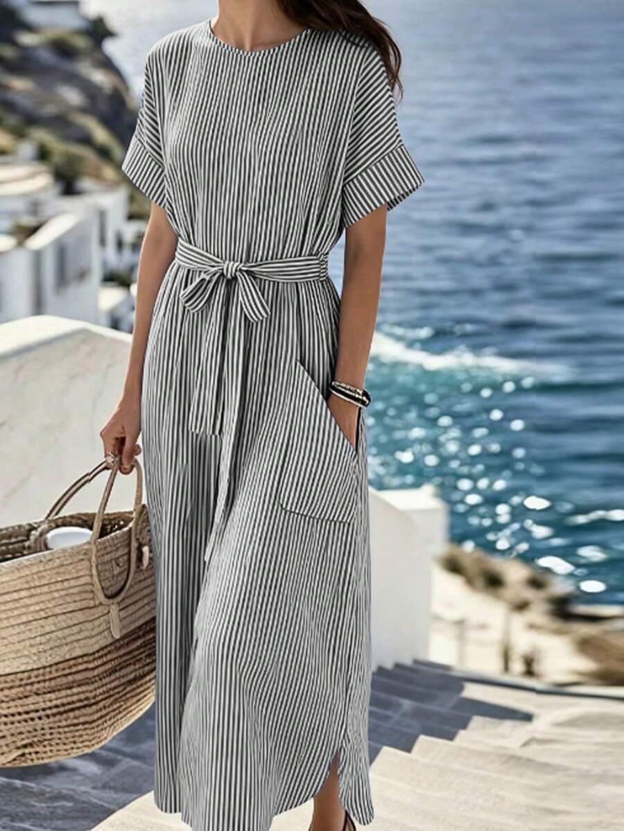 Breezaya Black And White Checkered,Summer,Casual,Holiday,Vacation,Holiday Striped Maxi Dress For Women,Crew Neck Short Sleeve Belted Bow Asymmetric Hem Outfit - Black and White - View 1