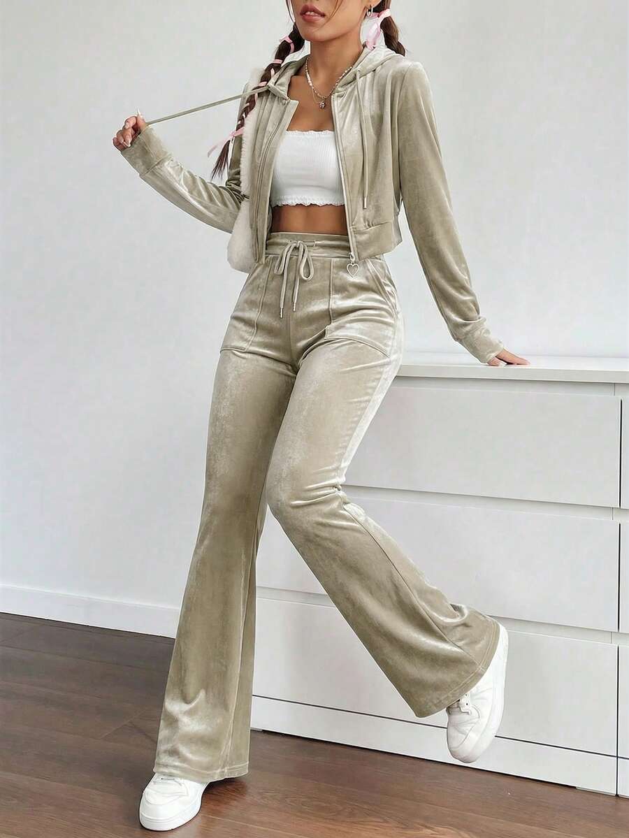 SHEIN EZwear 拉链抽绳连帽两件套外套和裤子 - 杏色 - 查看 1