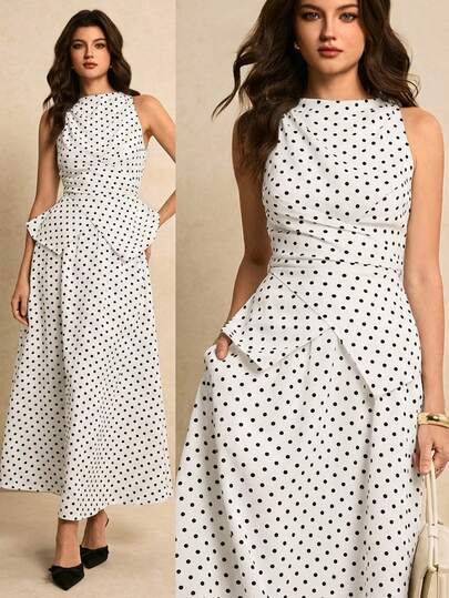 Poéselle Women's Polka Dot Pattern Waist Cinched Sleeveless Top And Mini Skirt Elegant 2 Pieces Set