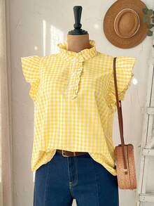 Rusticease Plus Size Women Plaid Button Design Cap Sleeve Blouse - Mustard Yellow - View 6