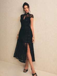 Poéselle New Chinese Style Lace Cheongsam Dress, Slim Fit Open Front High Slit Elegant A-Line Dress For Women - Black - View 6