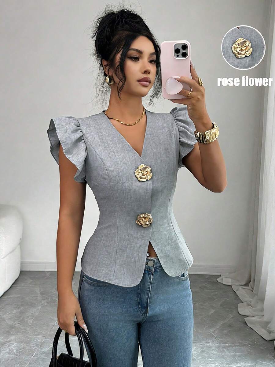 SHEIN Elenzya 女款優雅V領金屬扣飾裝飾、收腰設計與荷葉袖精緻女士襯衫 - 灰色 - 查看 1