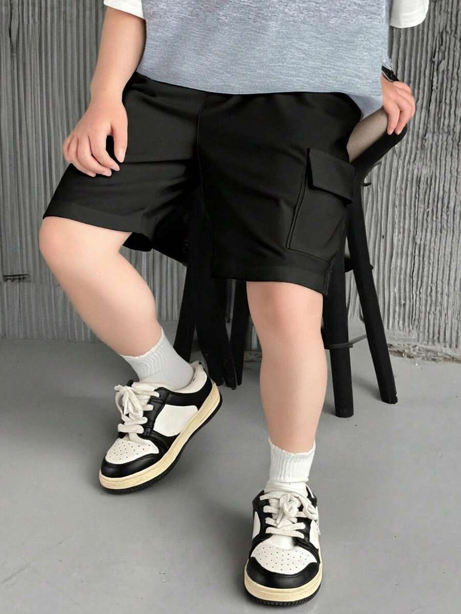 SHEIN 1件男童休閒時尚寬鬆工裝口袋短褲,夏季舒適百搭,適合日常穿著、運動與上學 - 白色 - 查看 1