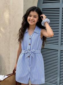 SHEIN Sparklyn 1pc Girls' Fashion New Spring/Summer Casual Woven Striped Lapel Handmade Button Sleeveless Jumpsuit With Belt, Suitable For Daily Outing, Leisure, Party - Blue - View 1