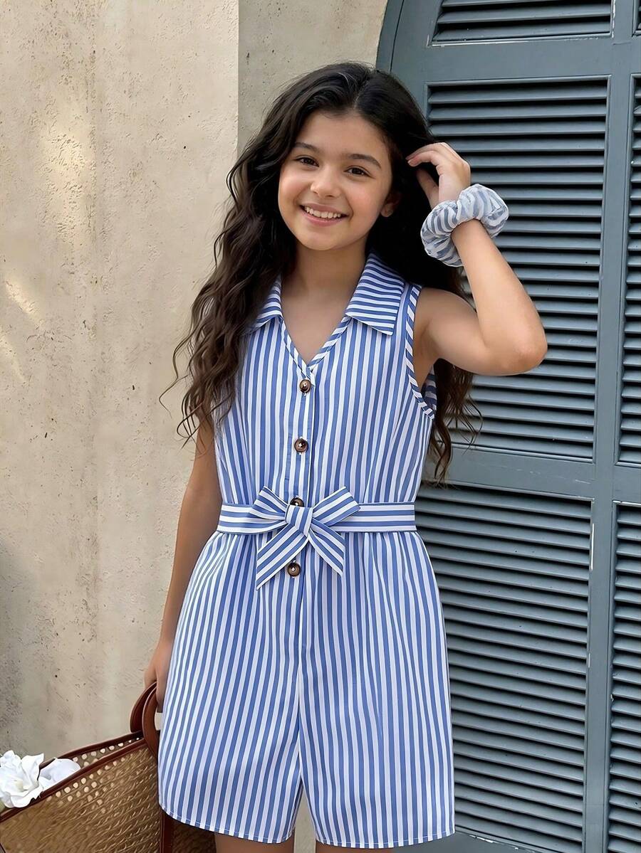 SHEIN Sparklyn 1pc Girls' Fashion New Spring/Summer Casual Woven Striped Lapel Handmade Button Sleeveless Jumpsuit With Belt, Suitable For Daily Outing, Leisure, Party - Blue - View 1
