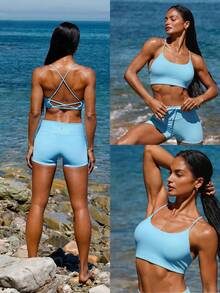 GLOWMODE FeatherFit™ Crisscross Back Sports Bra Light Support Yoga Studio Gym Daily  Spring Summer - Blue - View 9