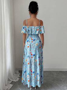 Elenzga Women's Summer Beach Holiday Tea Party Holiday Floral Print Cold Shoulder Ruffle Trim Waist Dress Light Blue Boho - Multicolor - View 2