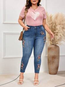 EMERY ROSE Plus Size Women's Autumn Embroidered Vintage Washed Denim Jeans Brown - Medium Wash - View 6