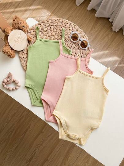 SHEIN 3pcs/Set Casual Solid Color Knit Spaghetti Strap Romper For Baby Girl