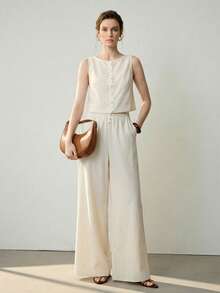 Uhlyne 女士亚麻休闲优雅春季时尚基本款日常通勤高端感觉复古风格假纽扣设计裤子秋季极简主义商务休闲度假工作服教师返校秋季 - 杏色 - 查看 1