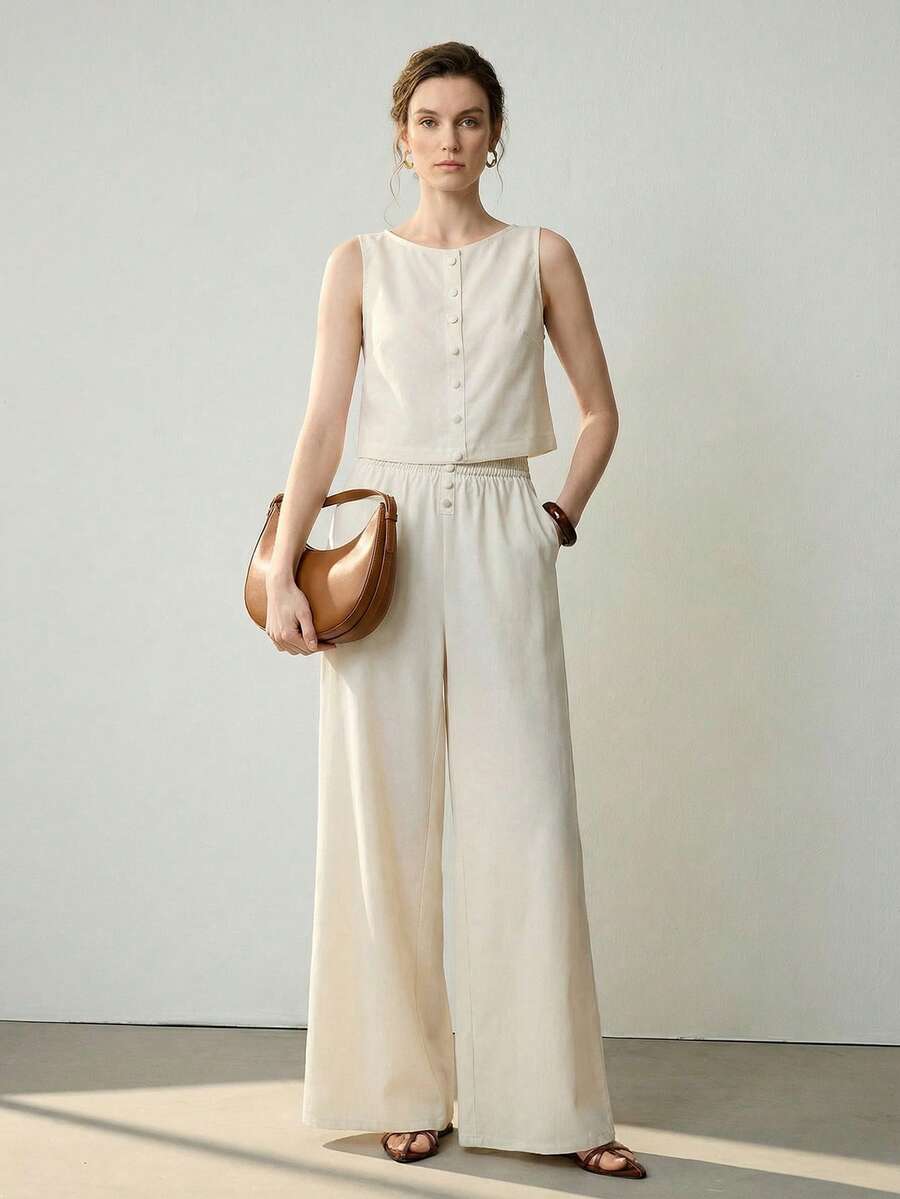 Uhlyne 女士亚麻休闲优雅春季时尚基本款日常通勤高端感觉复古风格假纽扣设计裤子秋季极简主义商务休闲度假工作服教师返校秋季 - 杏色 - 查看 1