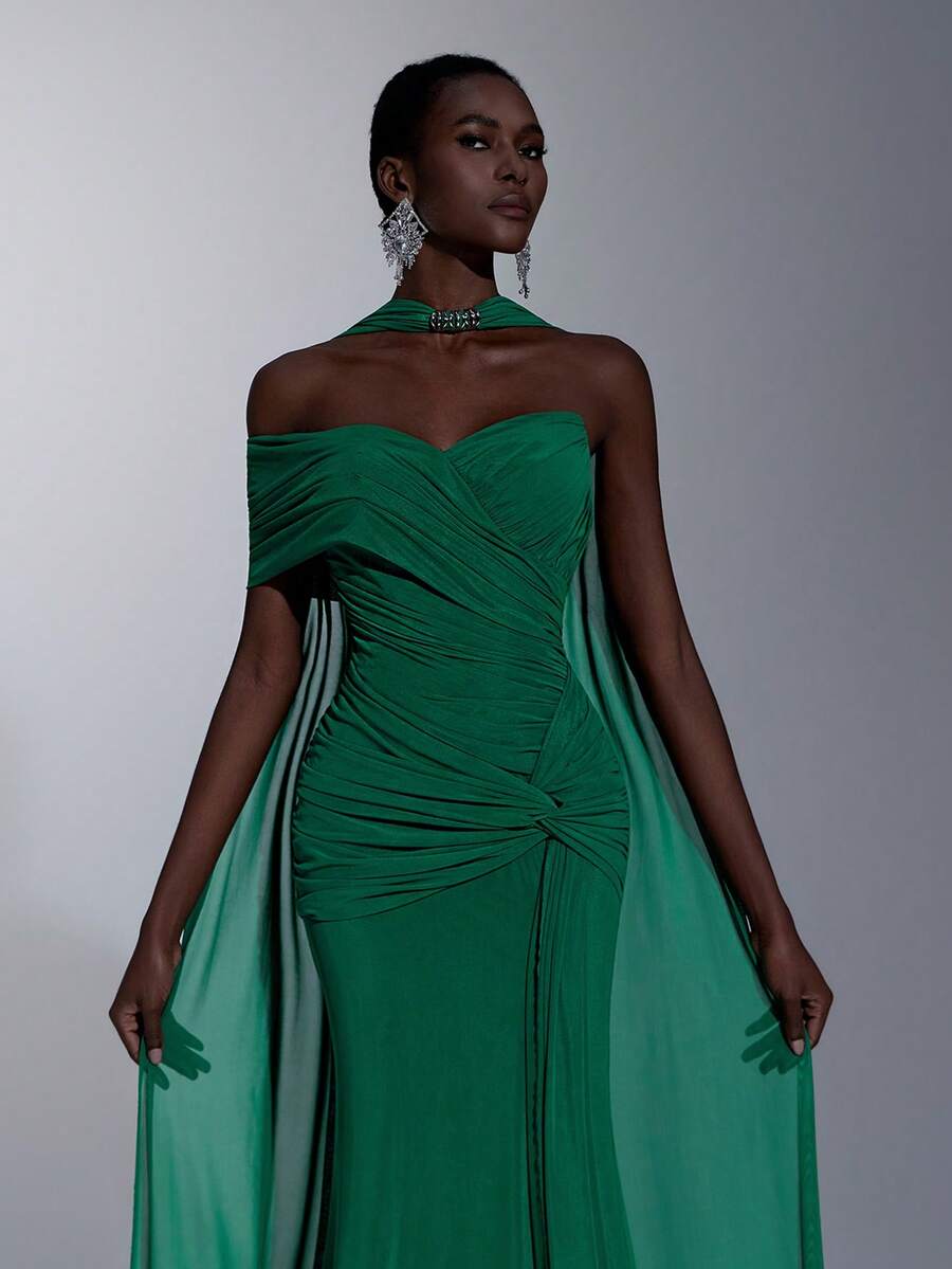 Elitara Elegante vestido de punto elástico verde con malla sin tirantes, busto fruncido, cintura retorcida, bajo asimétrico de cola de pez (colgante metálico desmontable), adecuado para citas, vacaciones, fiestas de solteros, bodas, eventos de vuelta al colegio - Verde - Ver 1