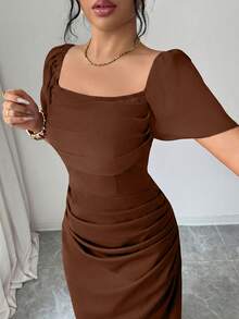 SHEIN Elenzya 方领收腰优雅浪漫精致女式连衣裙，短袖 - 咖啡棕 - 查看 5