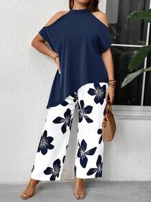 EMERY ROSE Women's Fashionable Off-Shoulder Casual Suit For Summer - Blue and White - View 5