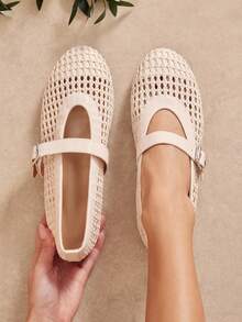 SHUZIA Ladies Elegant Woven PU Mary Jane Flats - Beige - View 3