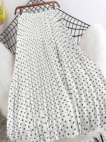 DreamSkyne 大码女式缎面波点印花百褶裙 - 白色 - 查看 2