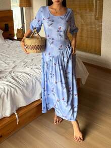 DAZY 中国风印花长款宽松夏季连衣裙，女士睡衣 - 藍色 - 查看 7