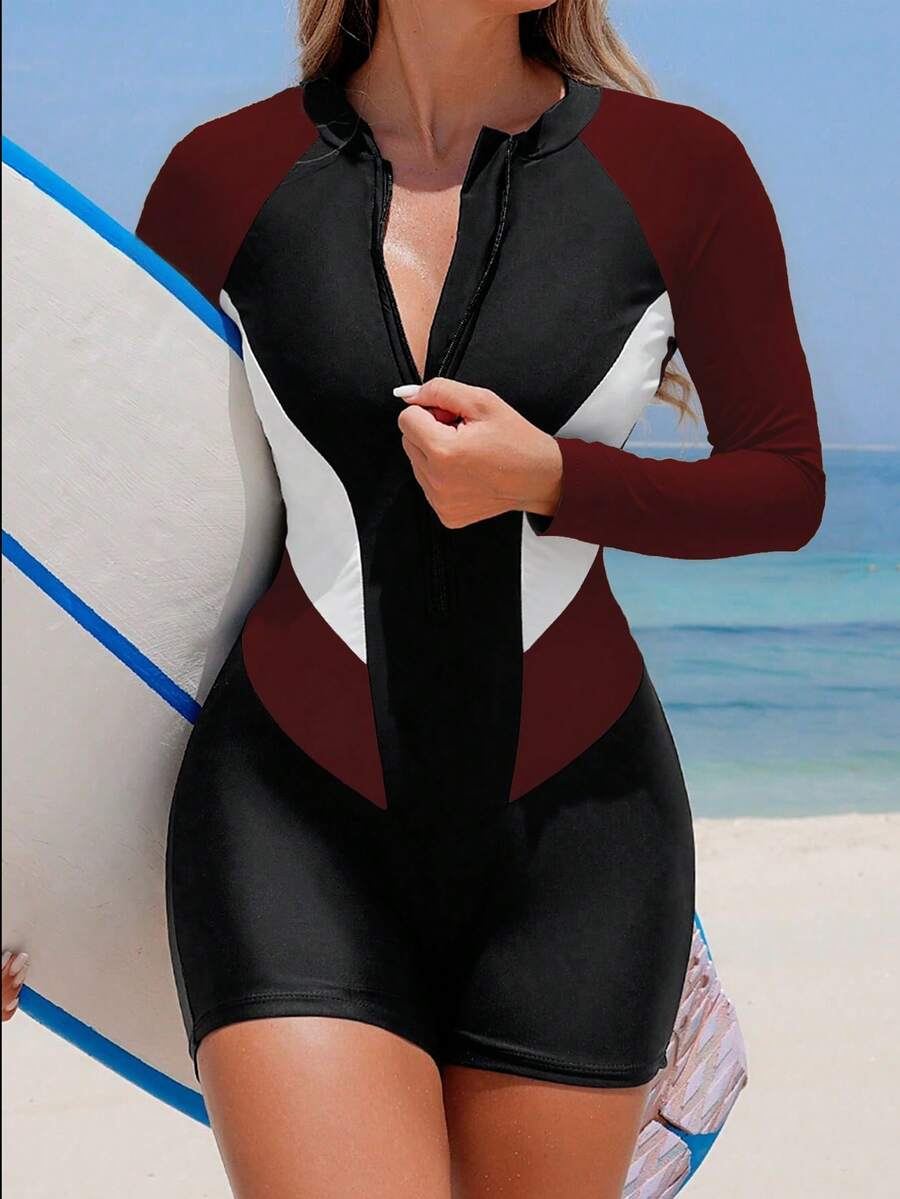 Swim SPRTY 女士连体泳衣，休闲度假沙滩撞色长袖拉链款 - 酒紅色 - 查看 1