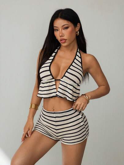 SHEIN PETITE Women's Sexy Contrast Binding Backless Tie Peplum Top & Shorts 2-Piece Set, Striped Print Beach Holiday Style, Two Pieces Beach Set, Date, Beach, Cruise, Carnival, Easter, Beach Outfit For Women