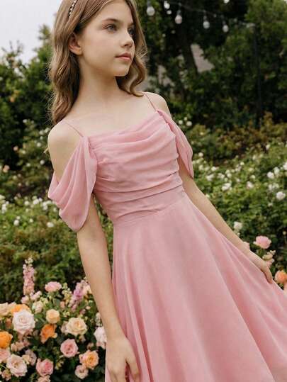 优雅毕业/婚礼少女花朵礼服，雪纺吊带露背拖尾长裙，适合青少年和少女，粉色公主舞会礼服，适合大女孩