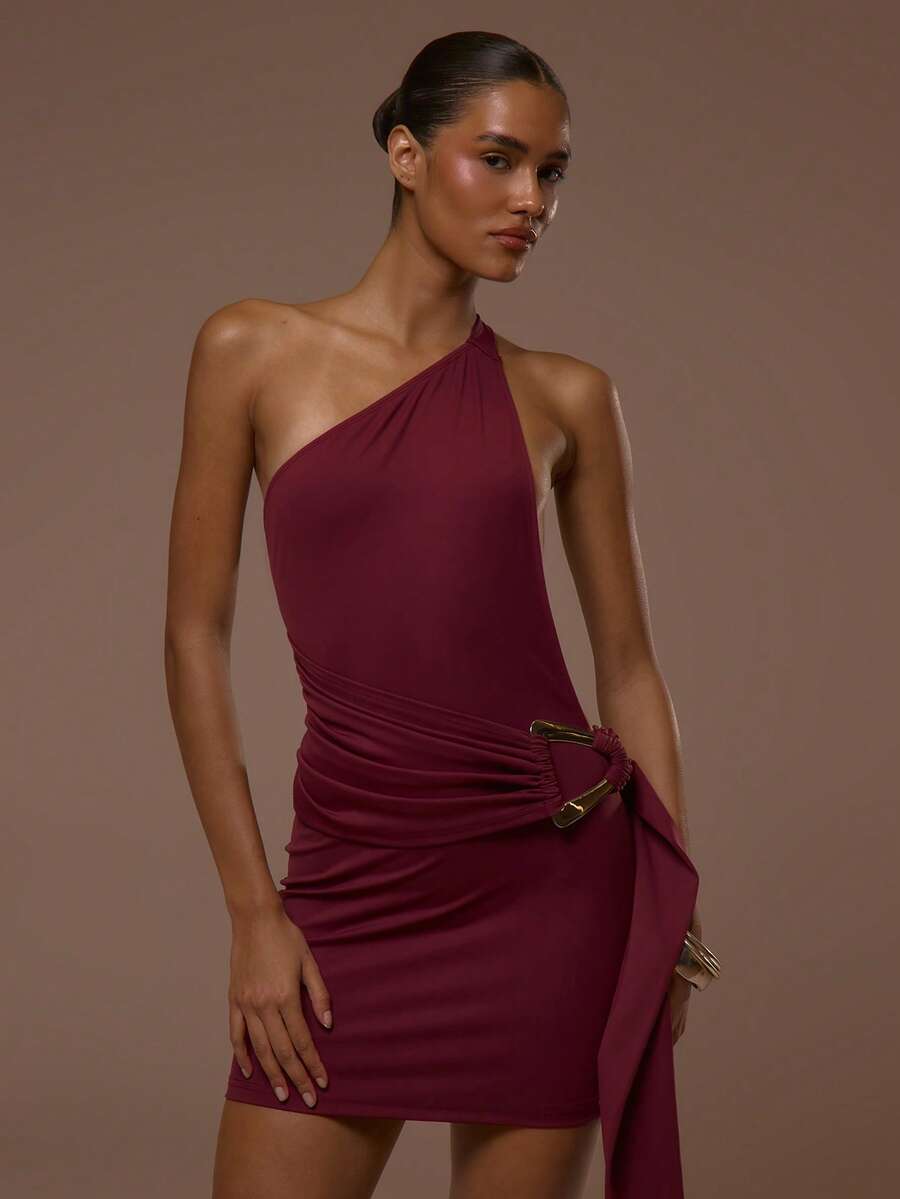 MUSERA 单肩露背腰带修身迷你连衣裙，适合夏季春季穿着，性感可爱，适合度假外出，尽显优雅气质，尤其适合伊比沙岛日落时分。 - 酒紅色 - 查看 1