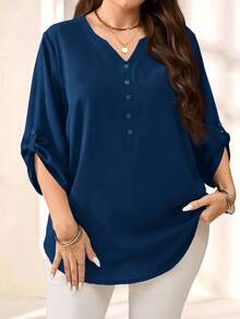 EMERY ROSE 大码女式早春纯色V领七分袖衬衫 - 水鴨藍 - 查看 4