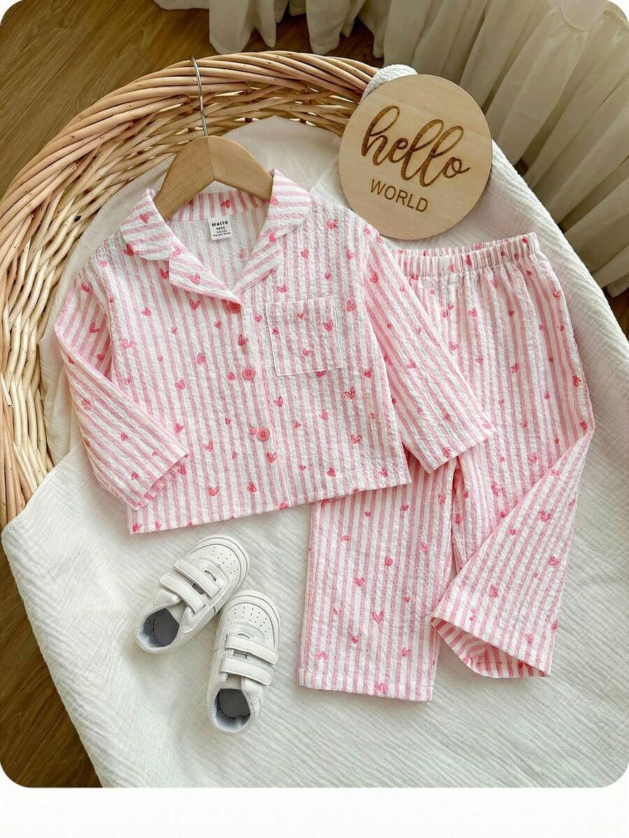 SHEIN Bộ đồ ngủ dài tay kẻ sọc hồng, kiểu dáng giản dị, dễ thương cho bé gái, có nơ thắt cổ. - Màu Hồng baby - Xem 1
