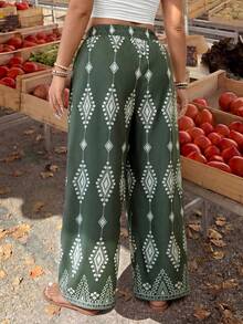 Dripcurv Plus Size Summer Casual Vacation Bohemian Style Geometric Print Pants - Green - View 3