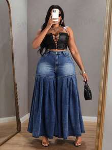 Slaydiva 大码拼接喇叭牛仔裤 - 深色水洗藍 - 查看 6