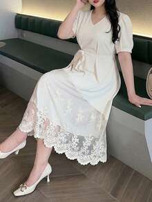 Dazy Plus Plus Size Solid Color Contrast Lace V-Neck Long Sleeve Elegant Dress, Spring/Summer/Autumn Sundress - Apricot - View 3