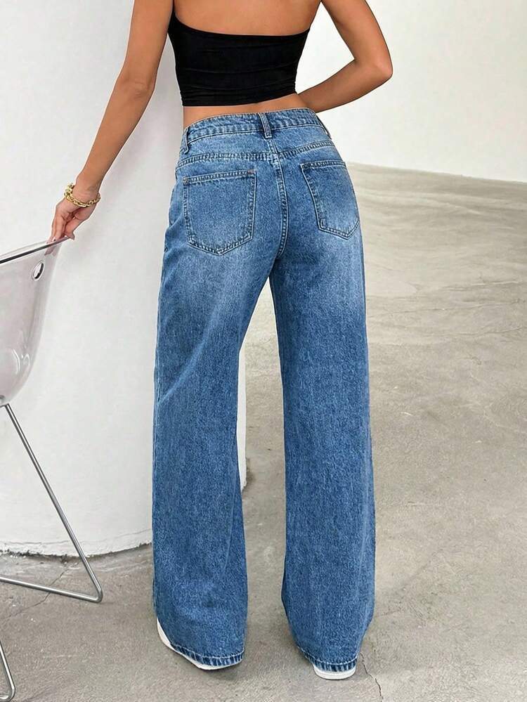 EURMUSE Women's High Waist Pocketed Distressed Wide Leg Loose Casual Denim Jeans - Baby Blue - View 2