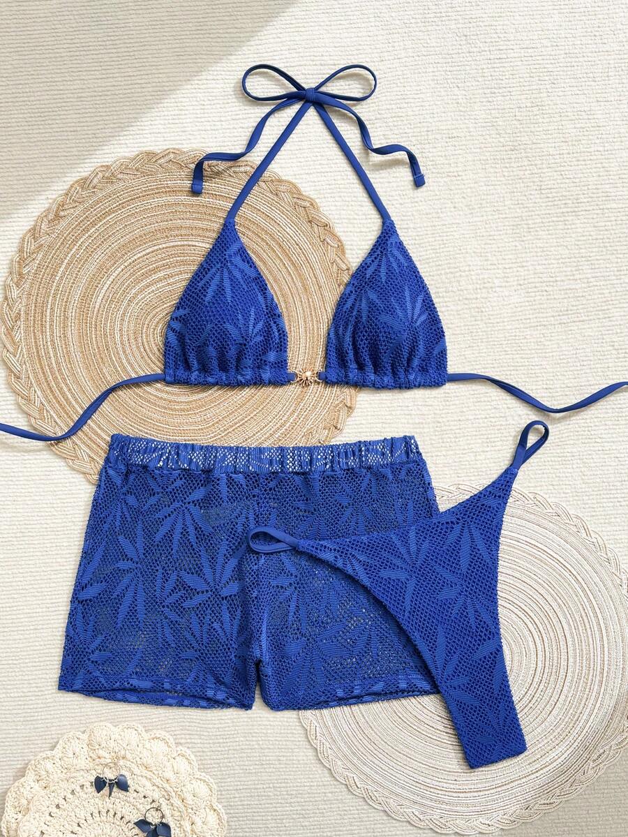 Swim Mod 2026新款春夏女士三件套泳衣，泳裤和裙子，特殊面料沙滩度假优雅休闲泳装套装 - 藍色 - 查看 1