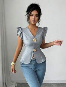 SHEIN Elenzya 女款優雅V領金屬扣飾裝飾、收腰設計與荷葉袖精緻女士襯衫 - 灰色 - 查看 5