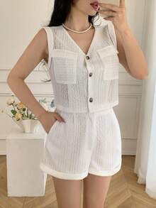 EMERY ROSE Conjunto de 2 peças para mulheres, composto por Colete sem mangas com decote em V, bolsos duplos e barra dobrada, e Shorts de cintura alta com bolsos duplos. Conjunto de Verão Branco de 2 Peças para Mulheres, Conjunto de Shorts Brancos para Mulheres, Conjunto de Roupas de Férias para Mulheres, Conjunto de Roupas de Verão para Mulheres, Conjunto de Roupas de Praia para Mulheres - Branco - Visão 5