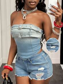 Slaydiva 女士时尚街头风水洗牛仔抹胸上衣，夏季必备 - 淺色水洗藍 - 查看 3