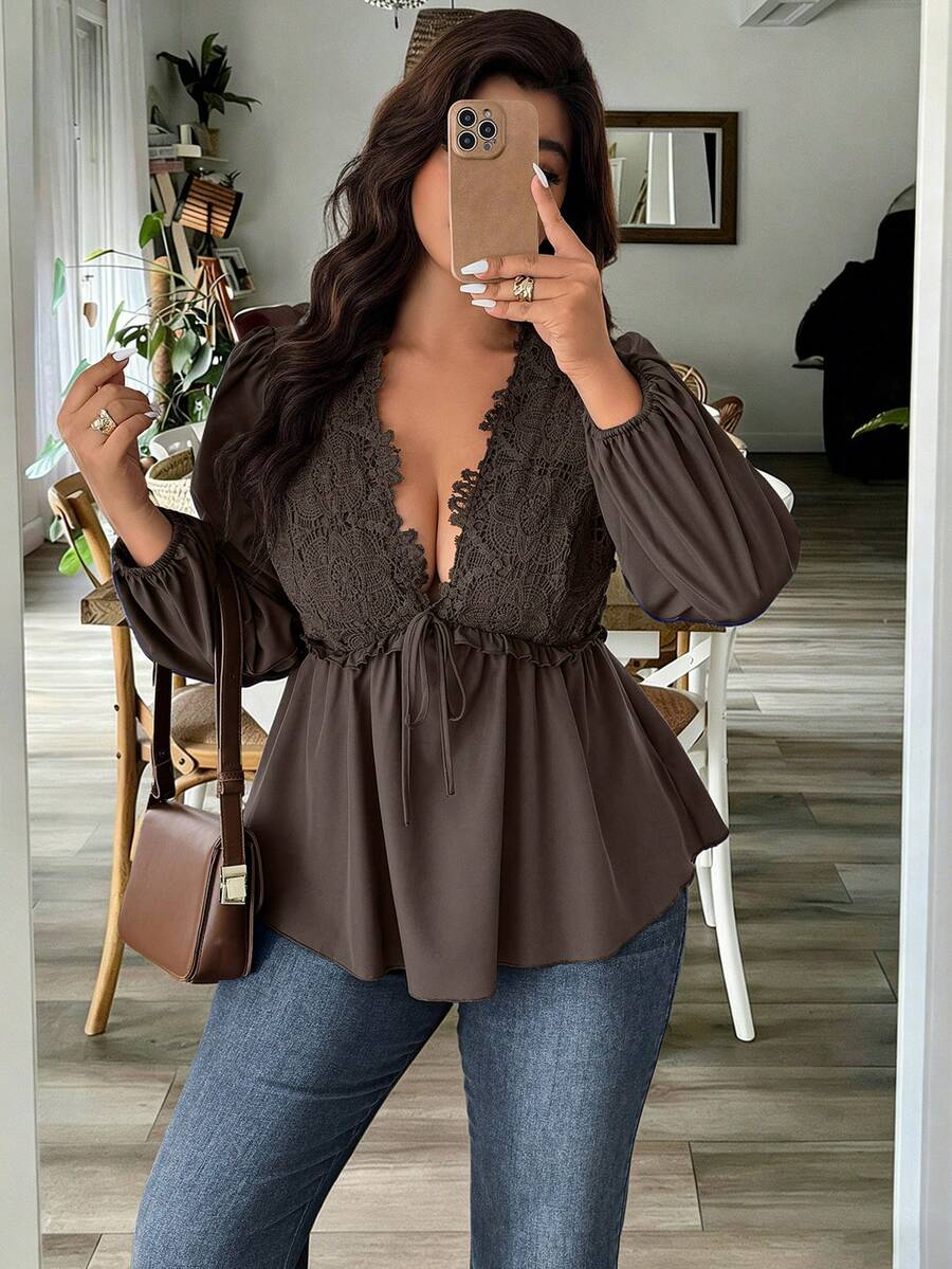 Breezaya Plus Size Women Deep V-Neck Ruched Casual Versatile Daily Wear Blouse - Brown - View 1