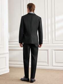 Officeau 2 件套男士商务休闲西装套装，银色饰边黑色西装外套和裤子 - 黑色 - 查看 2