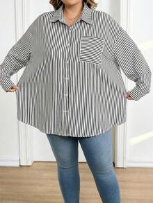 SHEIN CURVE+ 大码女式休闲日常/工作/旅行条纹印花宽松落肩长袖衬衫，春秋季 - 黑與白 - 查看 3