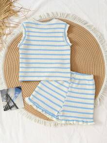 SHEIN Vintaside Kids 两件套女童条纹提花针织宽松背心短裤套装，适合日常休闲、度假、海滩、周末运动、夏季派对等场合穿着 - 淺藍色 - 查看 3