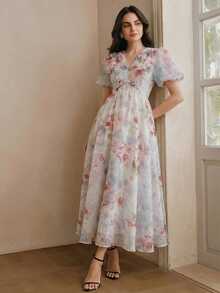 Anewsta 女士长款连衣裙，深V领，正面镂空花瓣装饰，泡泡袖，收腰，喇叭裙摆，雪纺印花优雅度假连衣裙 - 白色 - 查看 3