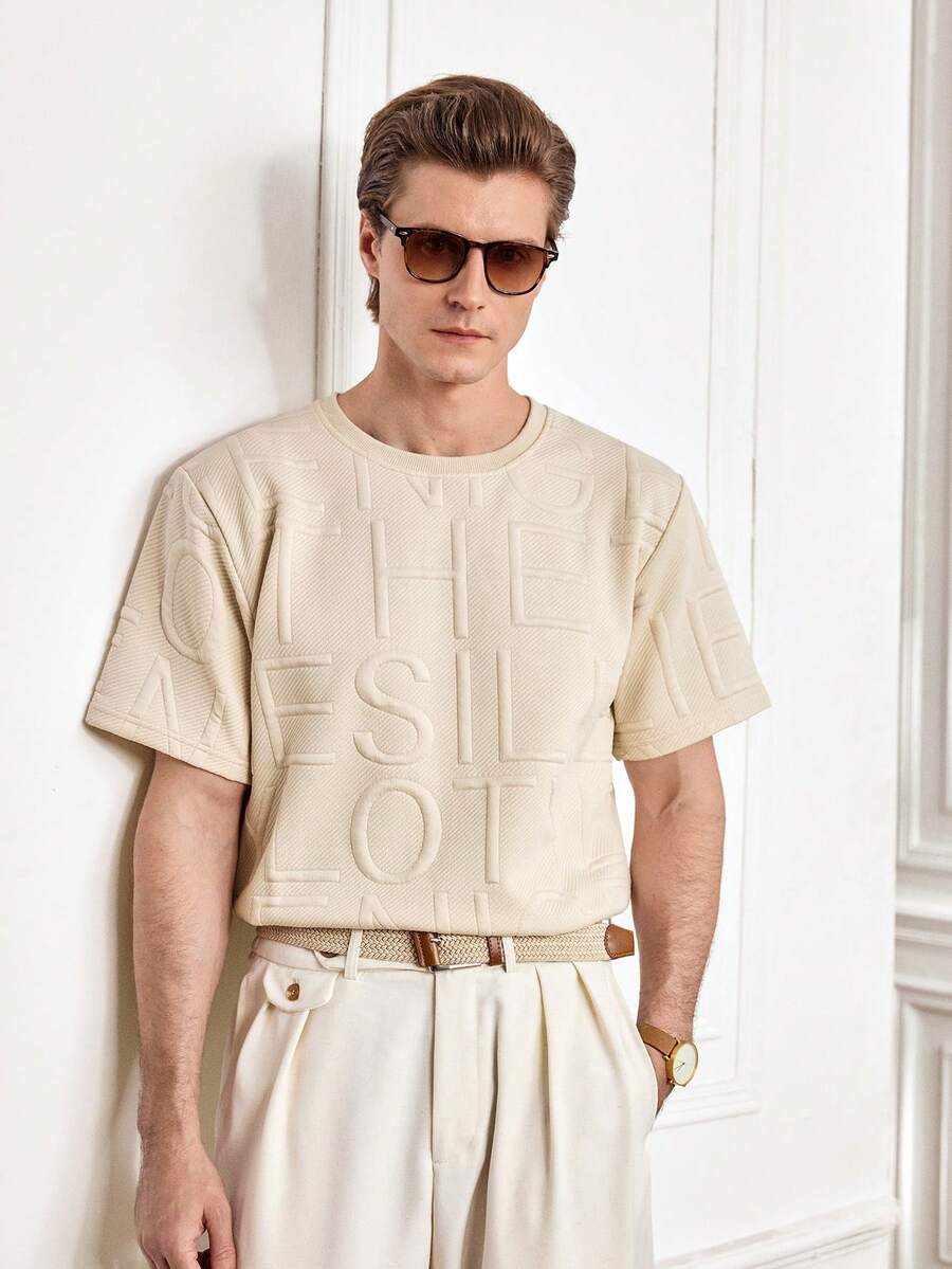 Officeau 男士夏季字母压花印花休闲圆领短袖T恤 - 杏色 - 查看 1