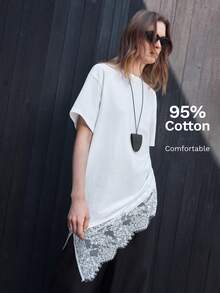 Ontre Áo thun nữ tay ngắn cổ tròn màu trơn, viền ren, dáng rộng. - trắng - Xem 6