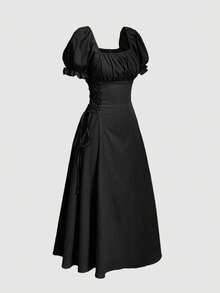 SHEIN MOD Đầm nữ tay cánh hoa, thắt eo, cổ vuông, tay ngắn, dài đến đầu gối - màu đen - Xem 4