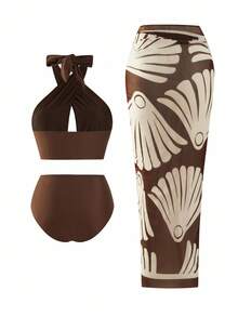 Swim Oasis Bộ đồ bơi bikini cạp cao và áo hở vai dáng chữ thập màu cà phê cỡ lớn dành cho nữ, kết hợp với váy maxi lưới họa tiết, kỳ nghỉ hè ở bãi biển - Màu nâu  Mocha - Xem 2