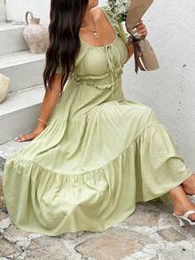 Sunnyshic Đầm kiểu Pháp lãng mạn cổ vuông tay cánh hoa, đầm chữ A màu xanh nhạt xếp ly eo thon mùa hè dành cho nữ, đầm công chúa đi nghỉ mát. - màu xanh lá - Xem 6